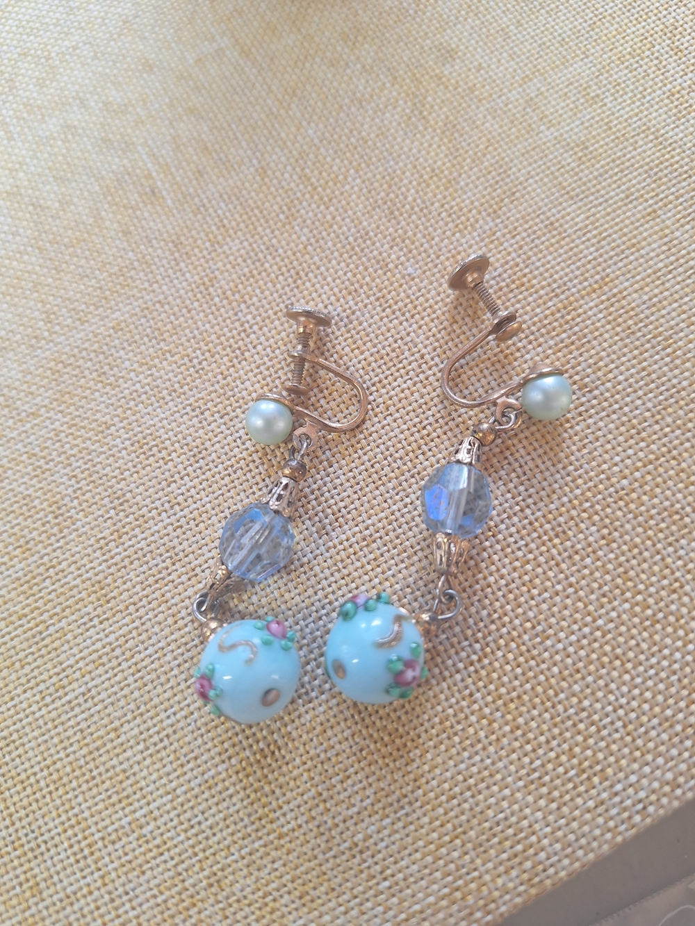 Handcrafted Blue Floral Bead Clip-On Earrings - Unbranded
